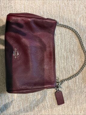 Coach Burgundy Pebbled Leather Chain Shoulder Bag with Silver-Tone Hardware